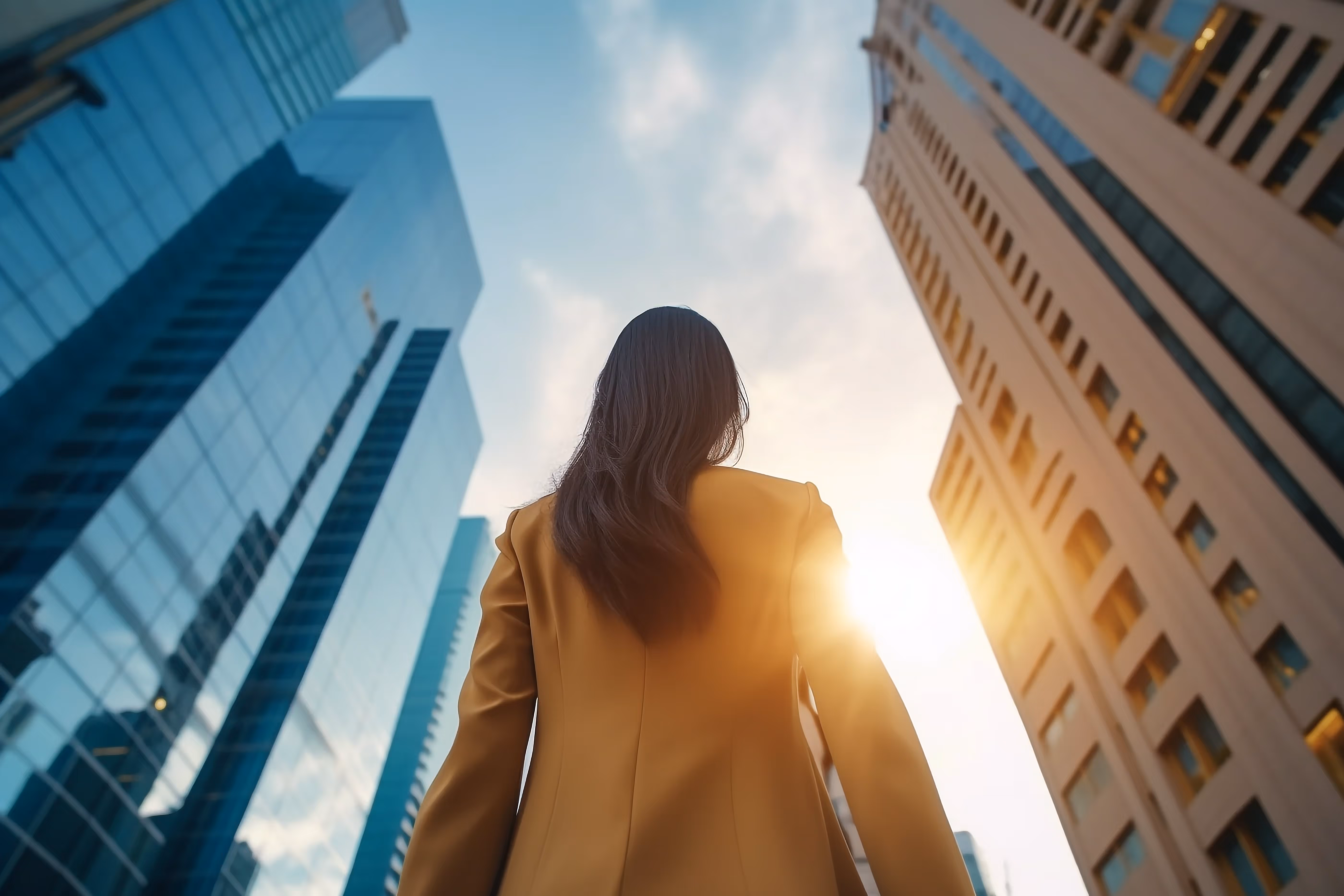 A person walking through a city at sunrise.